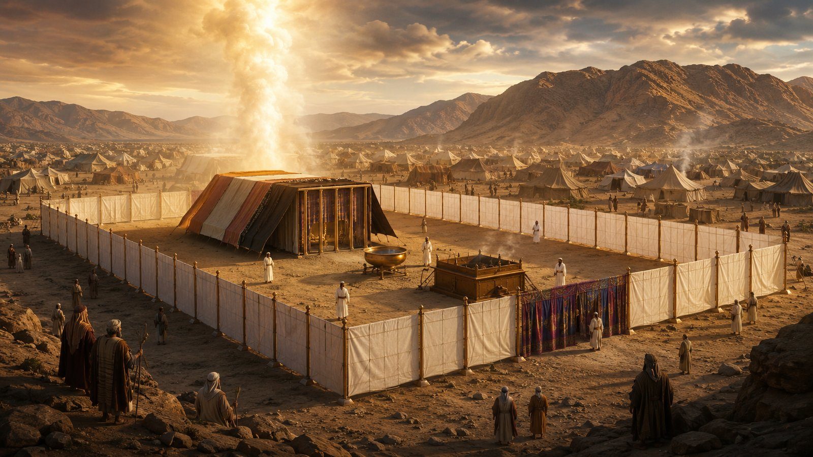 The Tabernacle in the wilderness of Sinai, its white linen courtyard surrounded by Israel's tents, with the pillar of cloud rising above it (Exodus 40:34-38)