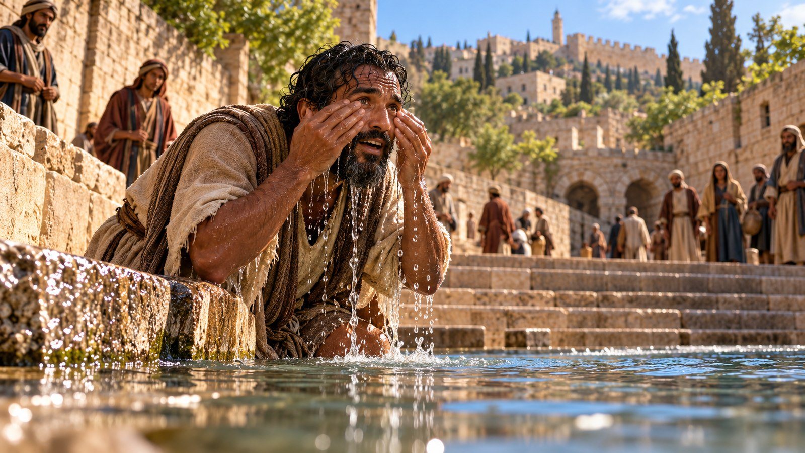 The man born blind washes at the Pool of Siloam and comes back seeing (John 9:7)