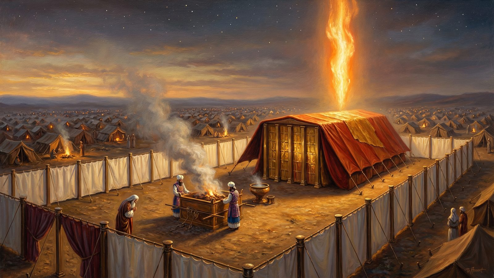 The Tabernacle courtyard at dusk: priests at the bronze altar, smoke rising, and the pillar of fire over the Tent amid the camp of Israel (Numbers 9:15-16)