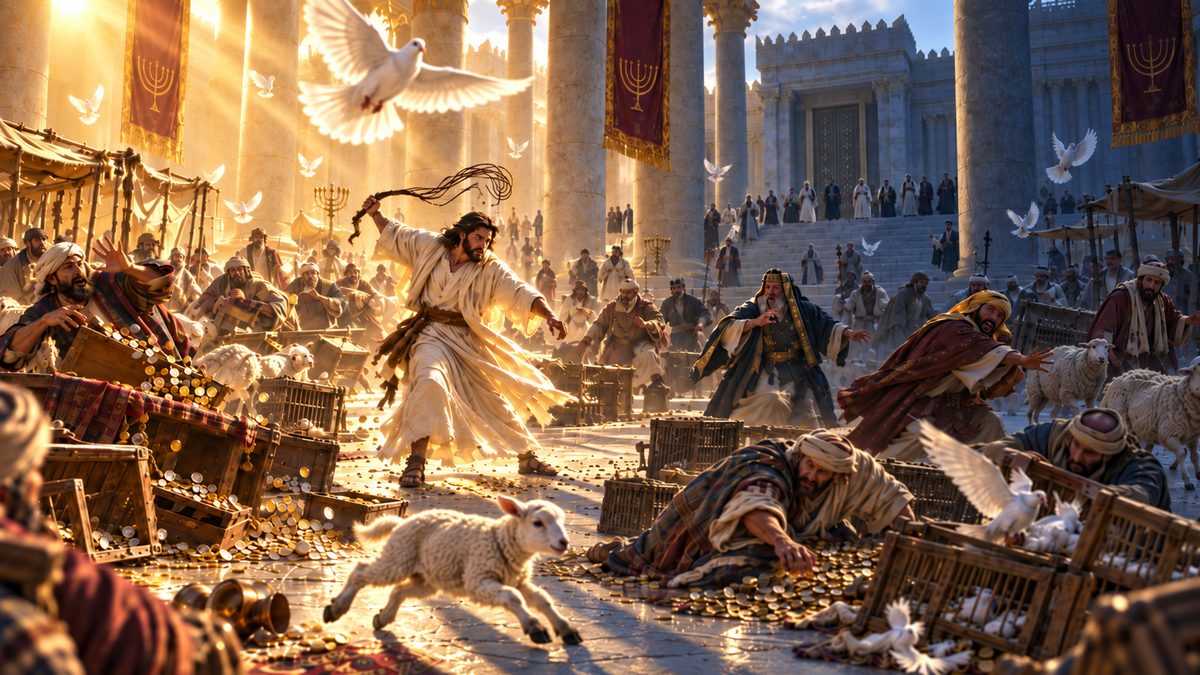 Jesus drives the money changers and animal sellers out of the Temple courts: 'My house shall be called a house of prayer' (John 2:13-17; Mark 11:17)